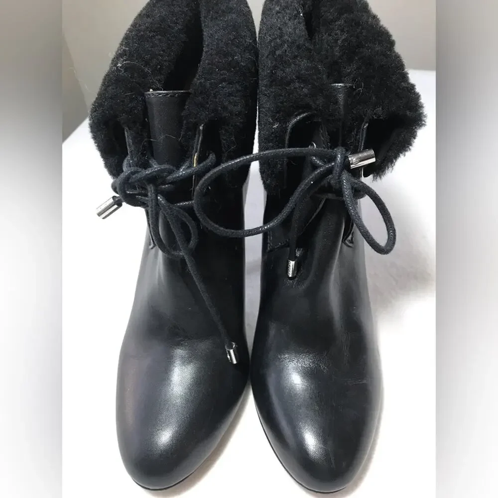 Coach black leather malia 7.5 cuff shearling tie up heels stiletto sexy lace up